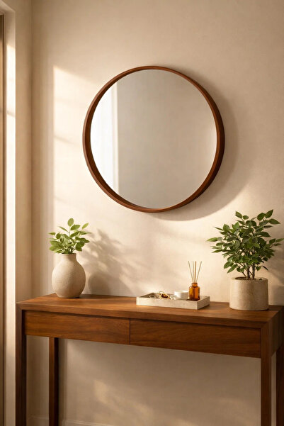 MARIA HOMES Modern Round Mirror Brown Wood Frame Wall Mounted M50 Decor 70x70...