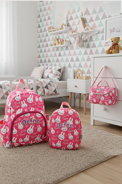 Hevi Kids HeviKids Kişiye Özel İsimli 3'lü Çocuk Çanta Seti - Pembe Tavşan