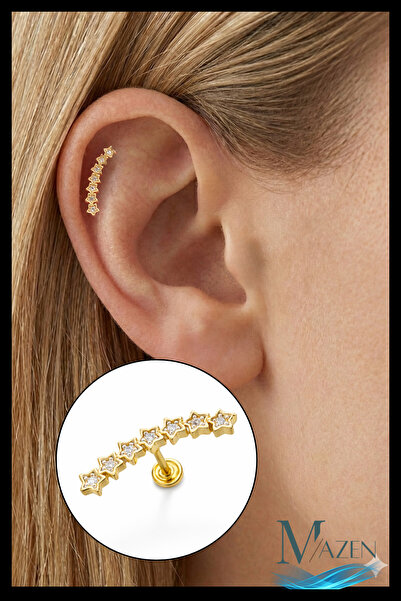 MAZEN 7 Yıldız Taşlı Gold Helix Piercing | 316L Çelik | Kıkırdak Küpe