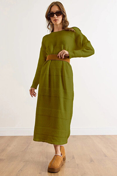 Olalook Women's Green Crew Neck Maxi Knitwear Dress Elb-19002549