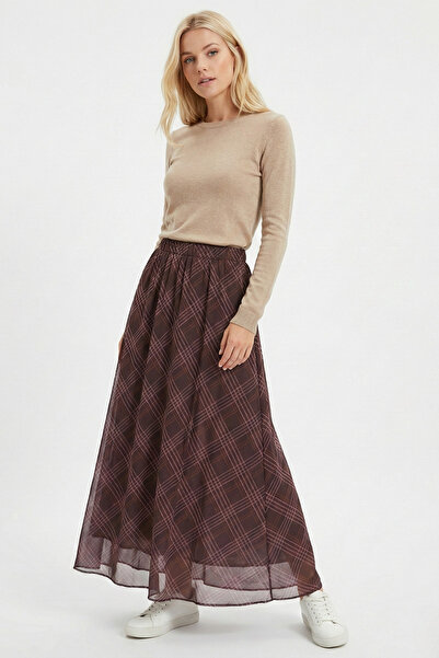 ABAY GİYİM Women's Chiffon Plaid Patterned Long Skirt with Elastic Waist and ...