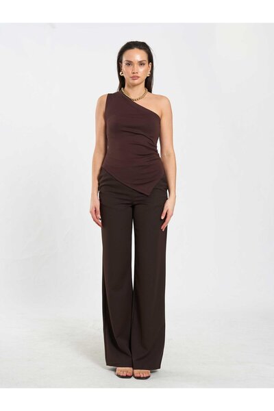 Coral One-Shoulder Knitted Blouse 071889 Brown