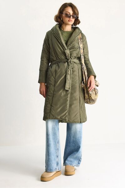 Hiccup Puffy midi jacket with Textured shawl collar and knot closure