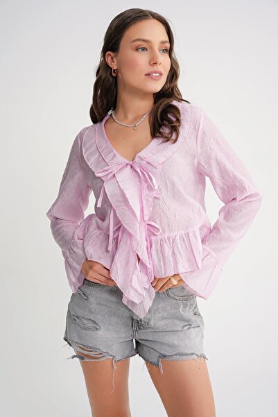 Hiccup Mixray blouse with V-neck, ruffles, drapes and drawstring