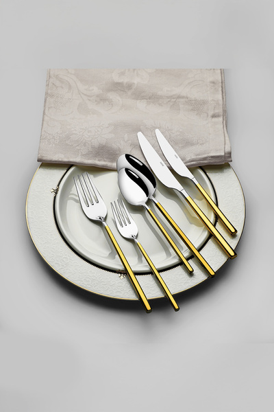 Nehir Gloria Gold Plain 12-Person 84-Piece Cutlery Set with Leather Box