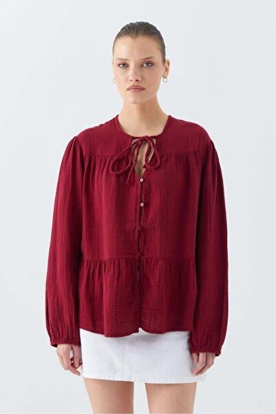 Hiccup Mixray blouse with long sleeves, loose fit and drawstring collar