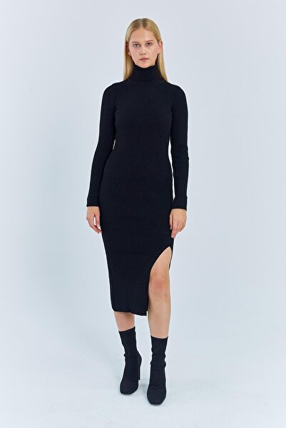 Hiccup Mixray knitted midi dress with high collar and slit