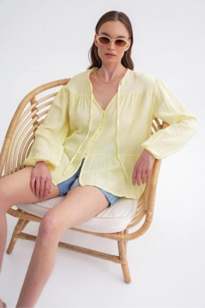 Hiccup Mixray blouse with long sleeves, loose fit and drawstring collar