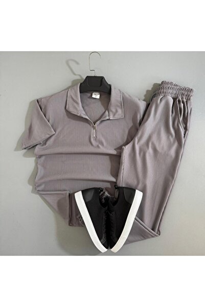 WENMİNG Men's Ribbed Ottoman Fabric T-Shirt and Pants Set