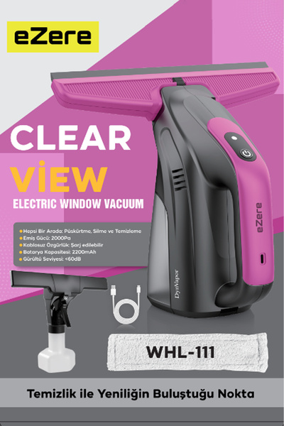 EZERE ClearView Şarjlı Cam Temizleyici Silme Makinesi Mikrofiber Başlıklı SİYAH