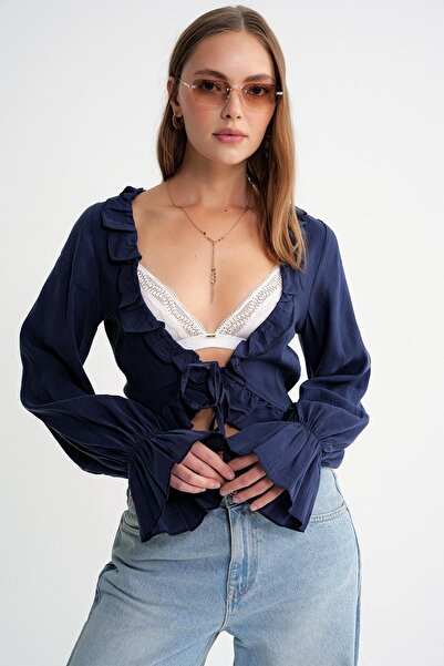 Hiccup Mixray ruffled long sleeve V-neck crop top