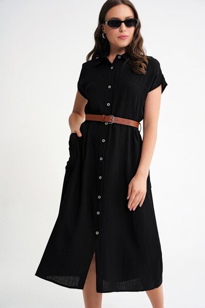Hiccup Mixray midi dress with button collar and Belt detail