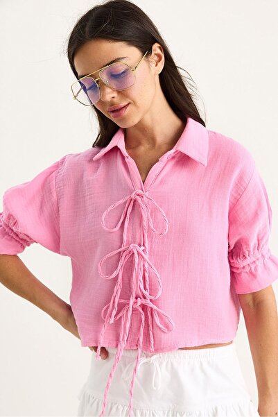 Hiccup Bianco Lucci short muslin shirt with knot and gathered sleeves