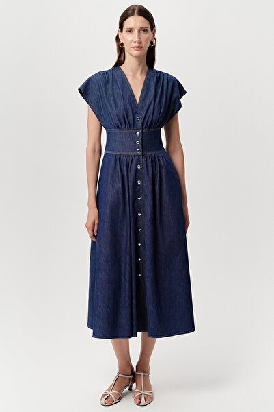 Exquise V-Neck Short Sleeve Pocketed Waist-Fitted Regular Midi Dress
