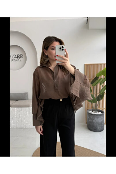 My Blog Brown Transparent Ruffle Detailed Batwing Blouse - 5031