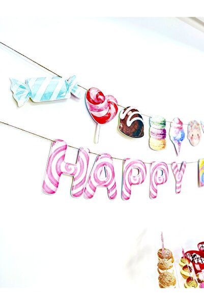 Flu Party لافتة مكتوب عليها "عيد ميلاد سعيد" بتصميم حلوى القطن والحلوى الباستيل