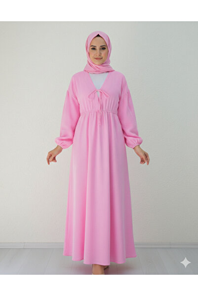 bellura Dress with Tie Collar, Elastic Sleeves and Waist