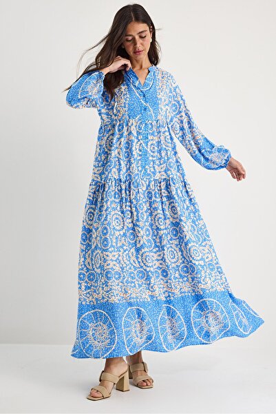 Hiccup Patterned Maxi Dress with V-neck and Button Closure