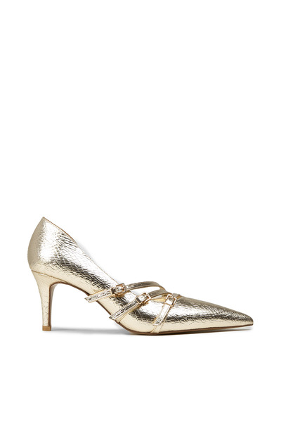 Deery Women's Gold Crocodile Patterned Pointed Toe Heeled Shoes