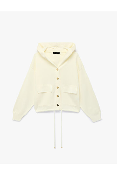 Koton Long Sleeve Tie-Detail Pocketed Buttoned Hooded Knit Cardigan