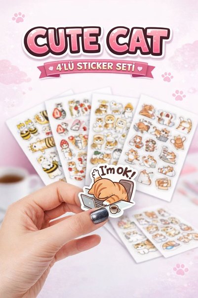 LABELOVE Cute Cat 4’lü Sticker Seti – Sevimli Kedi Çıkartmaları | Laptop, Telefon, Defter İçin Suya Dayanıklı
