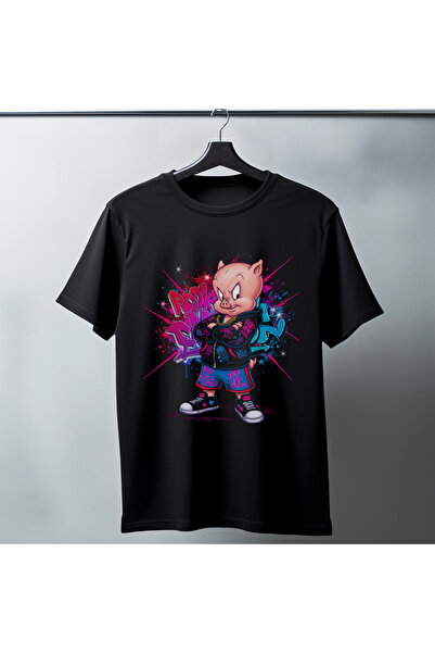 velmorafashion Porky Pig Graffiti Printed Unisex Black Oversize T-Shirt - 24/...