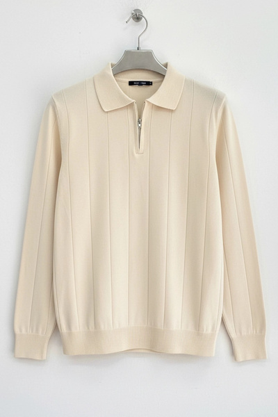 Edwox Men's Half Zipper Polo Collar Regular Fit Sweater Cream Cd101