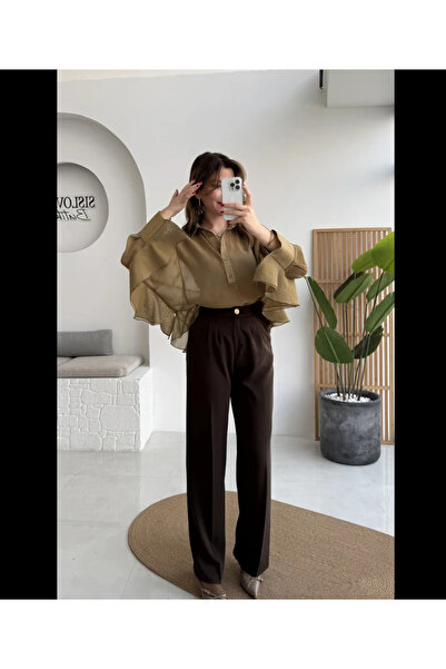 My Blog Olive Transparent Ruffle Detailed Batwing Blouse - 5031