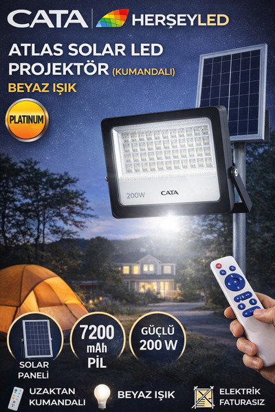 Cata (CT-4649) ATLAS SOLAR LED PROJEKTÖR (KUMANDALI) BEYAZ IŞIK (23X29cm SOLA...