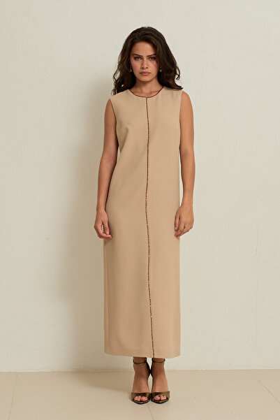 Setre Biscuit Crew Neck Sleeveless Stone Detailed Midi Dress