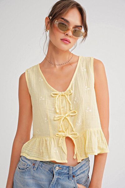 Hiccup Mixray textured V-neck crop top with bow