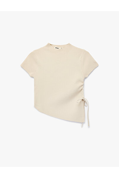 Koton Asymmetrical Cut Short Sleeve Crew Neck Gathered Knitwear T-Shirt
