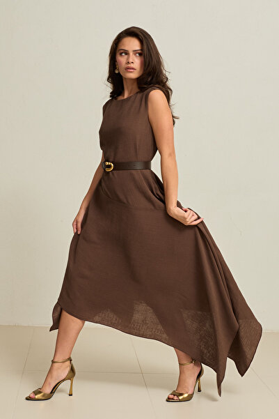 Setre Brown Belt Detailed Sleeveless Asymmetrical Cut Dress