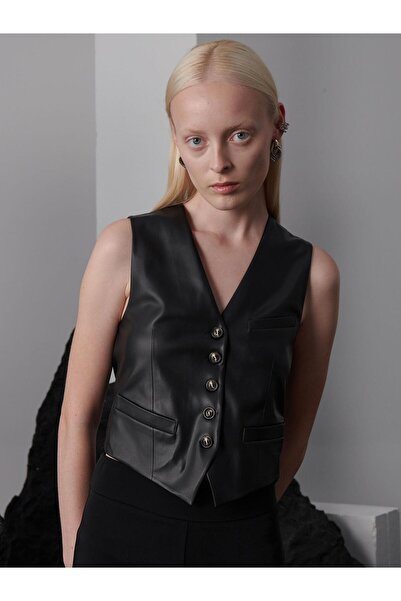 RİVUS V-Neck Leather Vest with Fleece Pocket Detail - Black