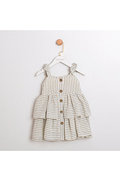 Coolimino Striped Fabric Girls' Dress with Wooden Buttons