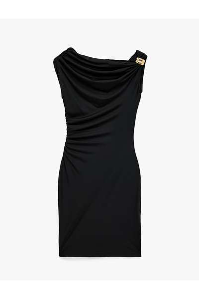 Koton Slim Fit Asymmetrical Boat Neck Draped Sleeveless Mini Dress with Acces...