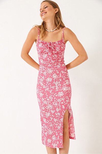 Hiccup LUCCI Slit Detailed Floral Printed Midi Dress