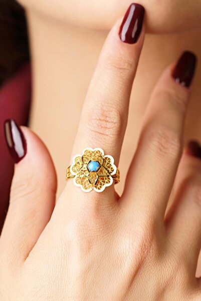 Fiyonk Kuyumculuk 14 Ayar Altın Firuze Taşlı Gül Motifli Telkari Yüzük - Anne...
