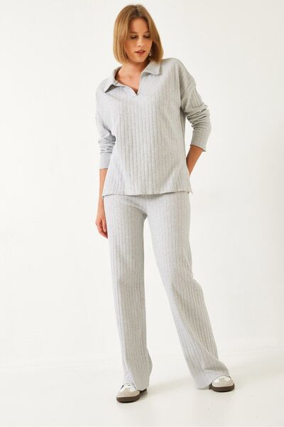 Hiccup Two-piece coordinated set with polo collar and long sleeves and wide-l...