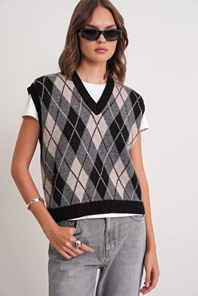 Hiccup Mixray V-neck Argyle Knitted Vest