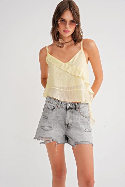 Hiccup Mixray Textured Ruffle Ruffled Top with V-Neck