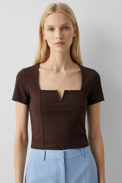 Rays Brown Square Neck V-Cut Detailed Crop Blouse 10432