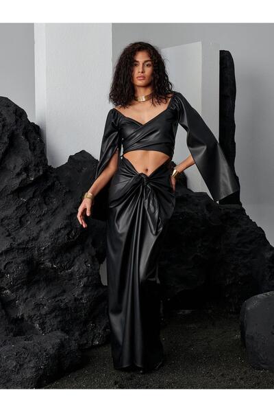 RİVUS 2 Piece Tie Front Low Cut Long Vegan Leather Dress - Black