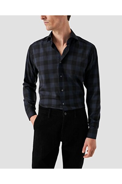 Eton Lacivert Kareli Merino Yün Gömlek