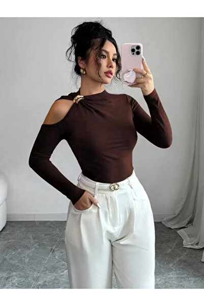 StilVibe Asymmetrical Collar Metal Detailed Women's Blouse