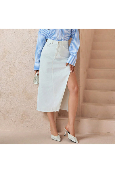 connemara Jeans Women's White High Waist Slit Midi Jean Skirt Long Denim Skirt