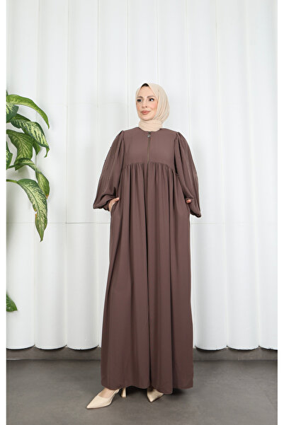 HNT Hayrunnisa Tesettür Balon Kol İnci Detaylı Fermuarlı Ferace VİZON HNT7105