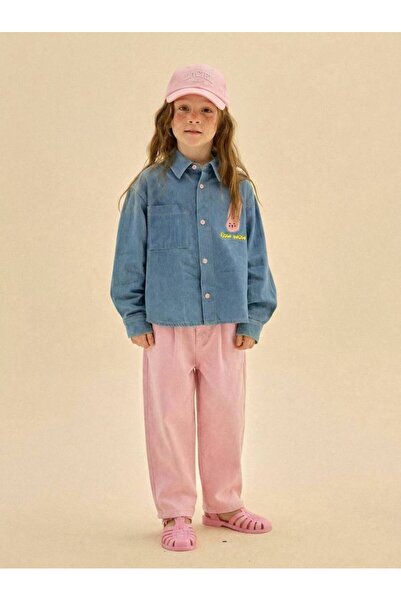 Butik Kız Çocuk Tavşan Nakışlı Denim Gömlek Denim Balon Pantolon Takım