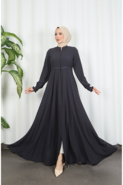 HNT Hayrunnisa Tesettür Beli Dantelli Mevlana Ferace Gri HNT7011