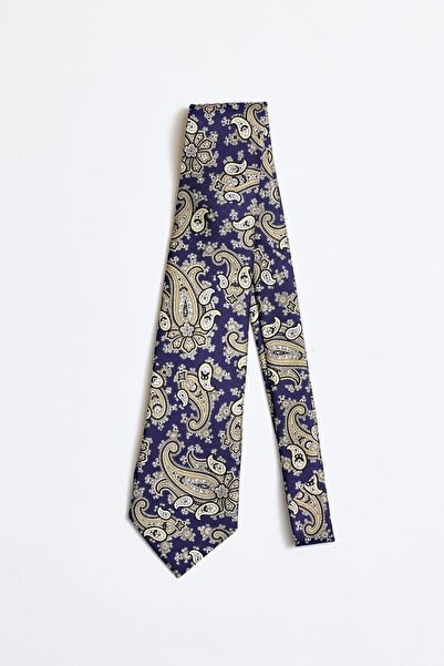 Gani Yalçın Lacivert Bej 5 Fold İpek Kravat